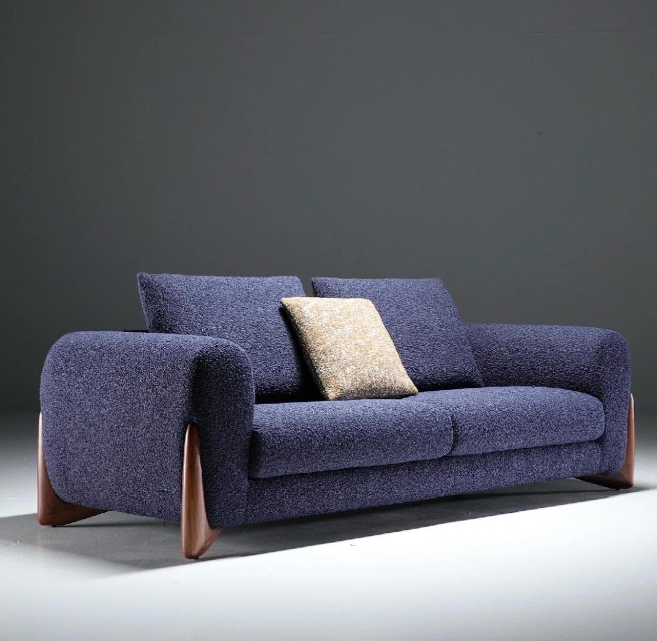 Blue Bouclé Walnut Sofa